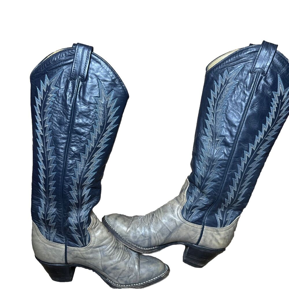 Larry Mahan Womens Knee High Cowboy Boots Size 6 B6N Leather Skin Black Blue - Picture 8 of 9